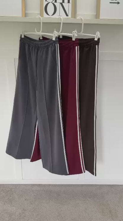 Grey Twill Double Stripe Wide Leg Trousers