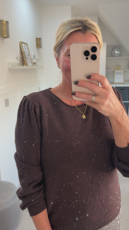 Chocolate Sequin Puff Shoulder Jumper