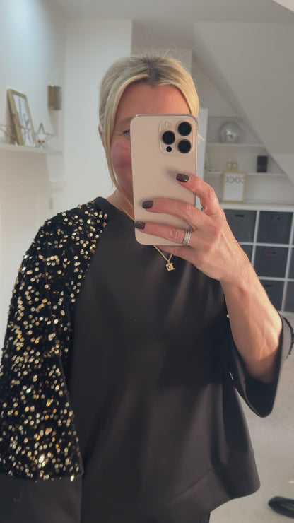 Black/Gold Sequin Sleeve Soft Top