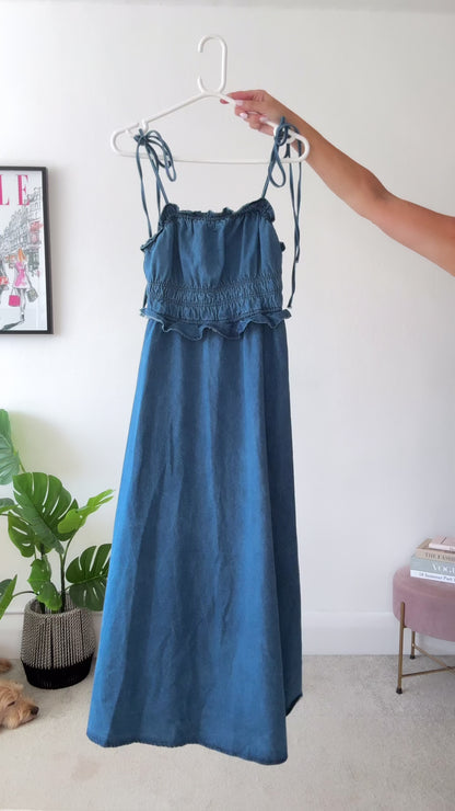 Blue Denim Tie Strap Shirred Dress
