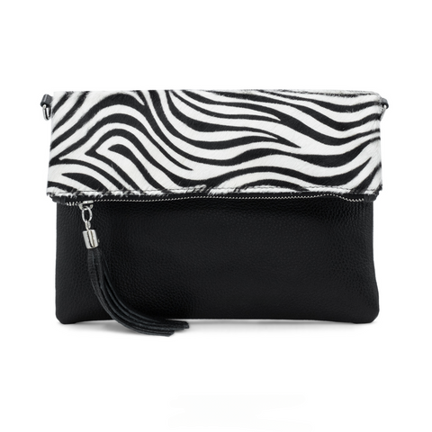 Foldover Zebra Print Leather Clutch