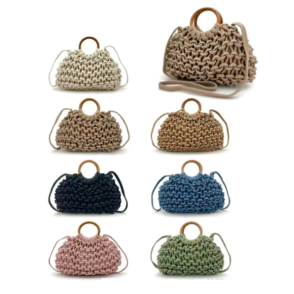 Khaki Crochet Wooden Handle Handbag