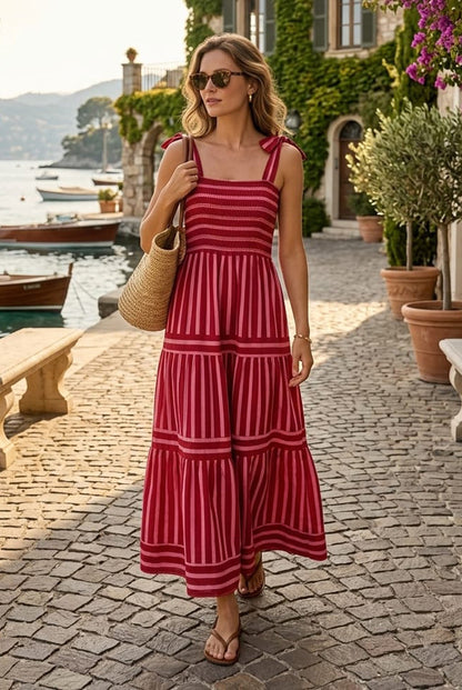 Pink/Red Striped Shirred Maxi Dress
