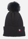 Black/Fuchsia Star Detail Pom Pom Hat