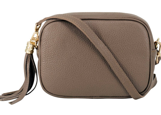 Dark Taupe Leather Tassel Cross Body Bag