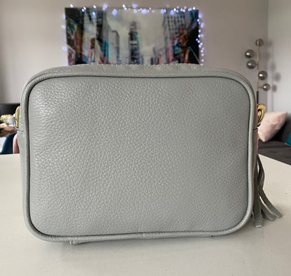 Light Grey Leather Tassel Cross Body Bag