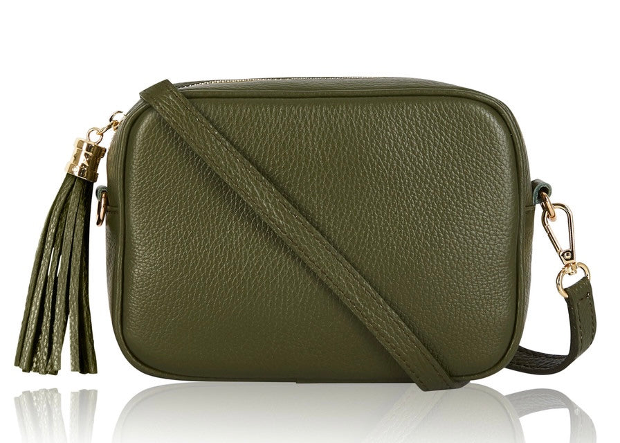 Olive Green Leather Tassel Cross Body Bag