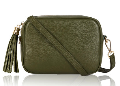 Olive Green Leather Tassel Cross Body Bag