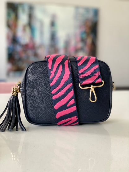 Navy Leather Tassel Cross Body Bag