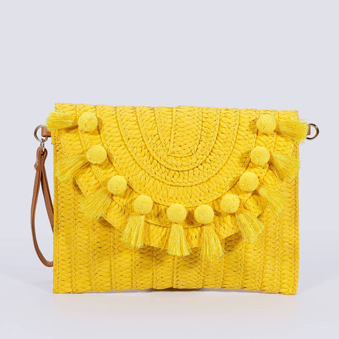 Yellow Pompoms and Tassels Straw Clutch Bag