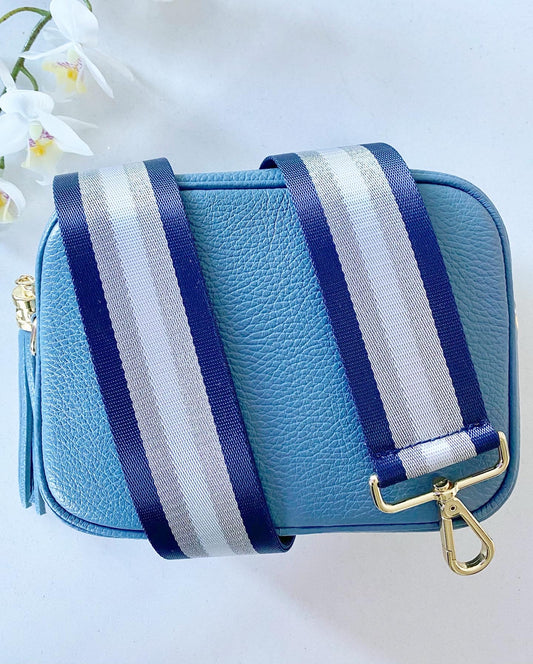 Denim Blue Leather Tassel Cross Body Bag