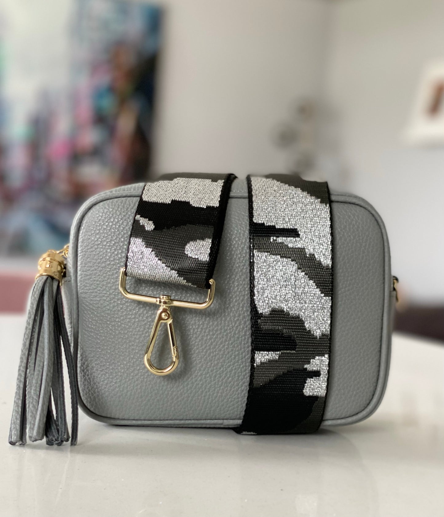 Light Grey Leather Tassel Cross Body Bag
