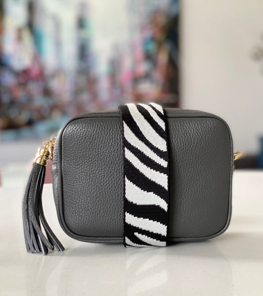 Dark Grey Leather Tassel Cross Body Bag