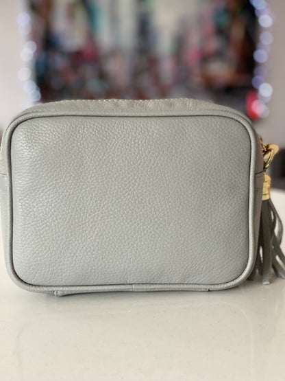 Light Grey Leather Tassel Cross Body Bag