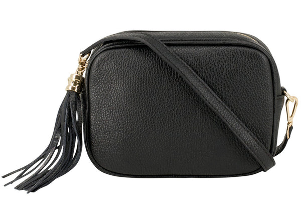 Black leather tassel outlet bag