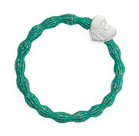 Metallic Biscay Green with Silver Heart Hair Tie or Wrist Band