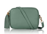 Dusky Green Leather Tassel Cross Body Bag